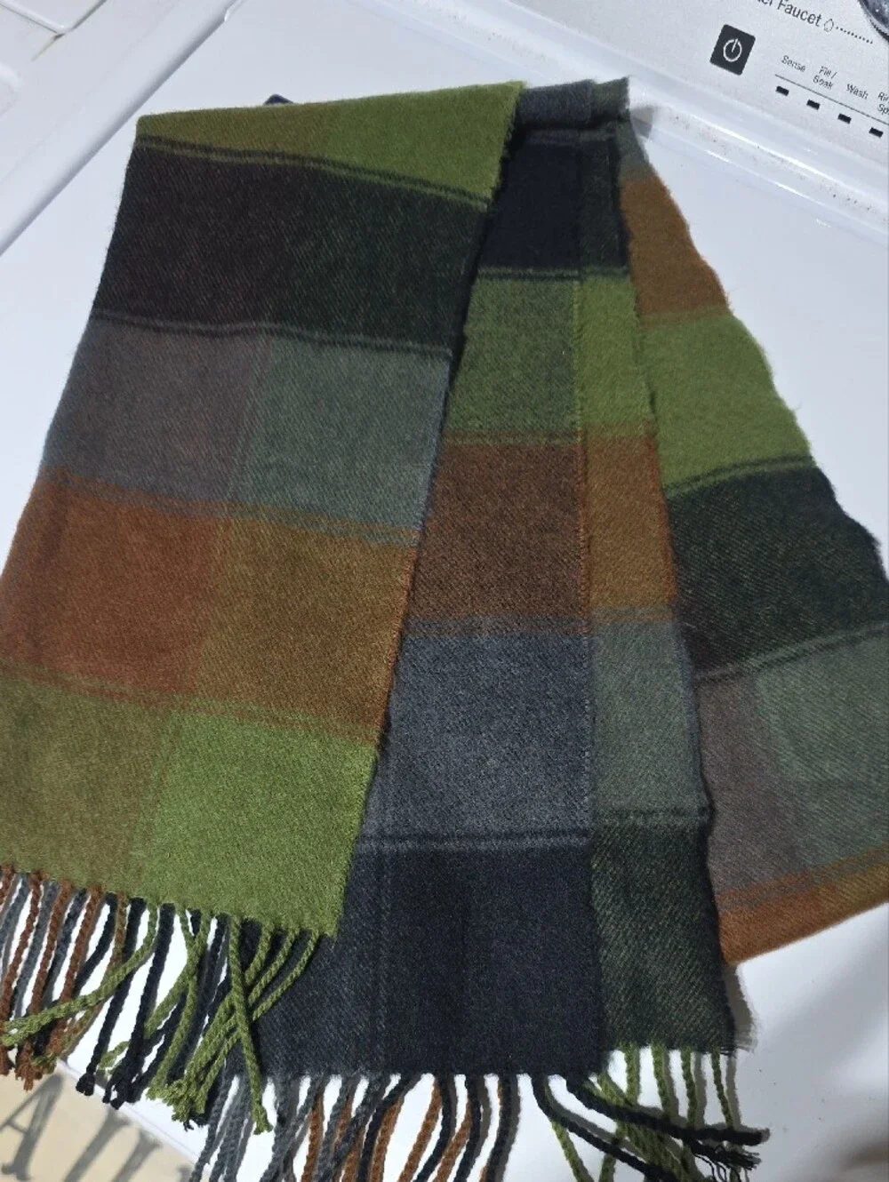 100% Cashmere Green & Brown Plaid Scarf - Made in Scotland